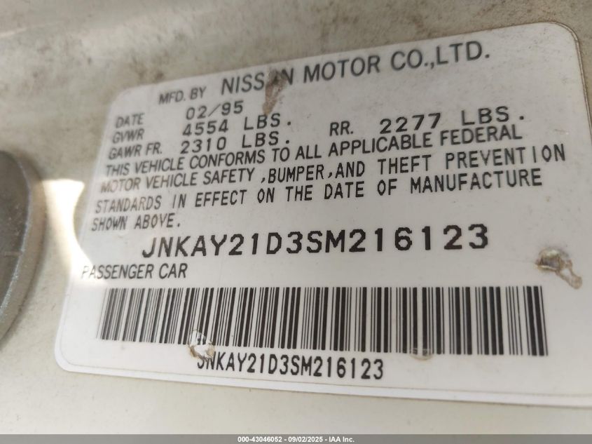 1995 Infiniti J30 VIN: JNKAY21D3SM216123 Lot: 43046052
