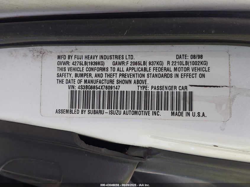 1999 Subaru Legacy 30Th Ann. Outback Ltd./Outback VIN: 4S3BG6854X7609147 Lot: 43046056