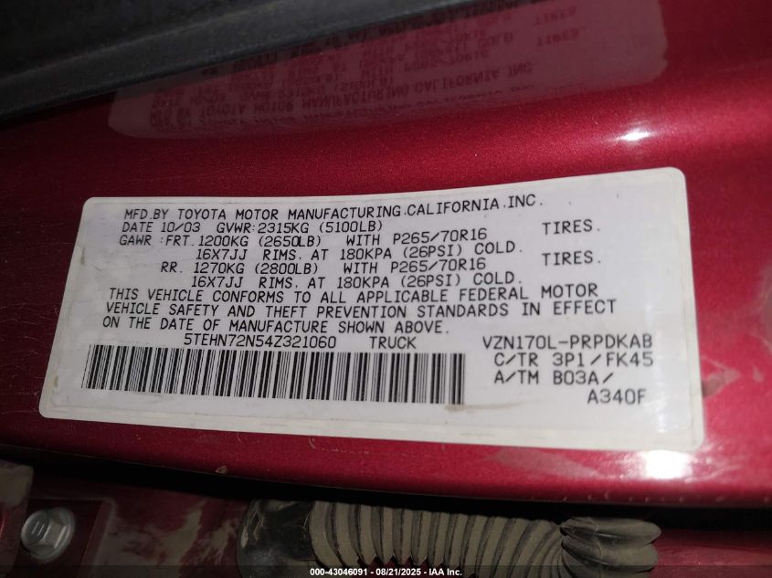 2004 Toyota Tacoma Base V6 VIN: 5TEHN72N54Z321060 Lot: 43046091