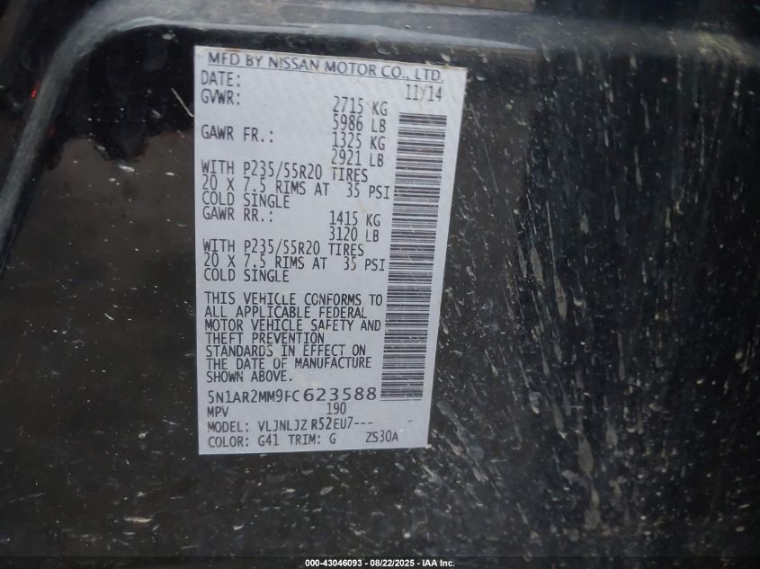 2015 Nissan Pathfinder Platinum VIN: 5N1AR2MM9FC623588 Lot: 43046093