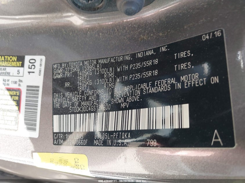 2016 Toyota Sienna Limited 7 Passenger VIN: 5TDDK3DC4GS137600 Lot: 43046111