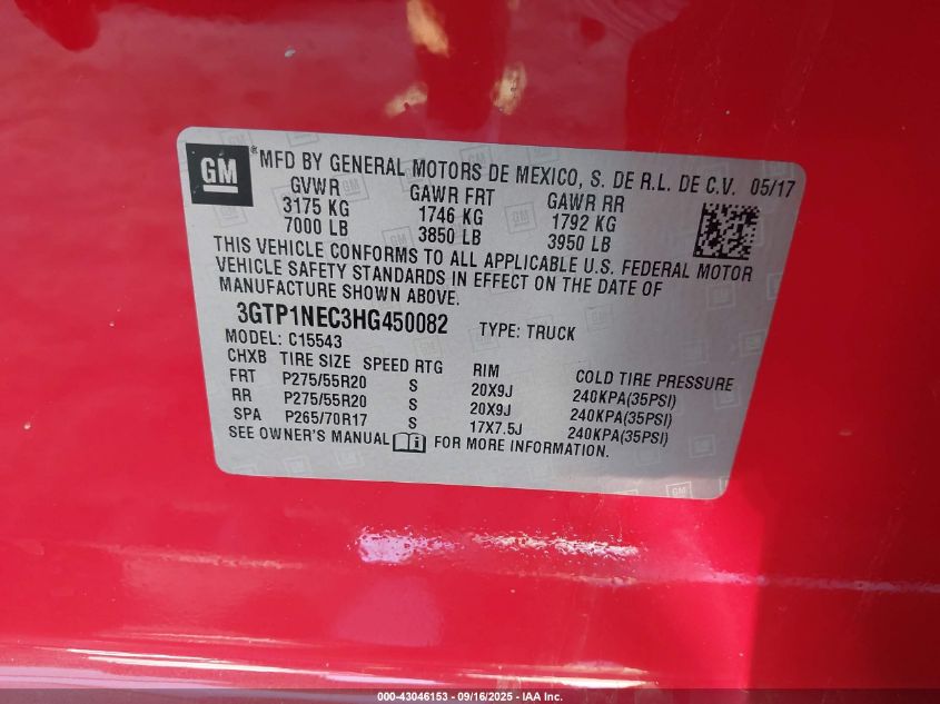2017 GMC Sierra 1500 Slt VIN: 3GTP1NEC3HG450082 Lot: 43046153