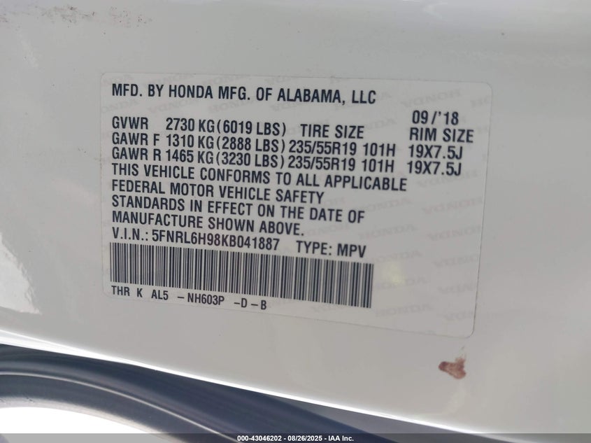 2019 Honda Odyssey Elite VIN: 5FNRL6H98KB041887 Lot: 43046202