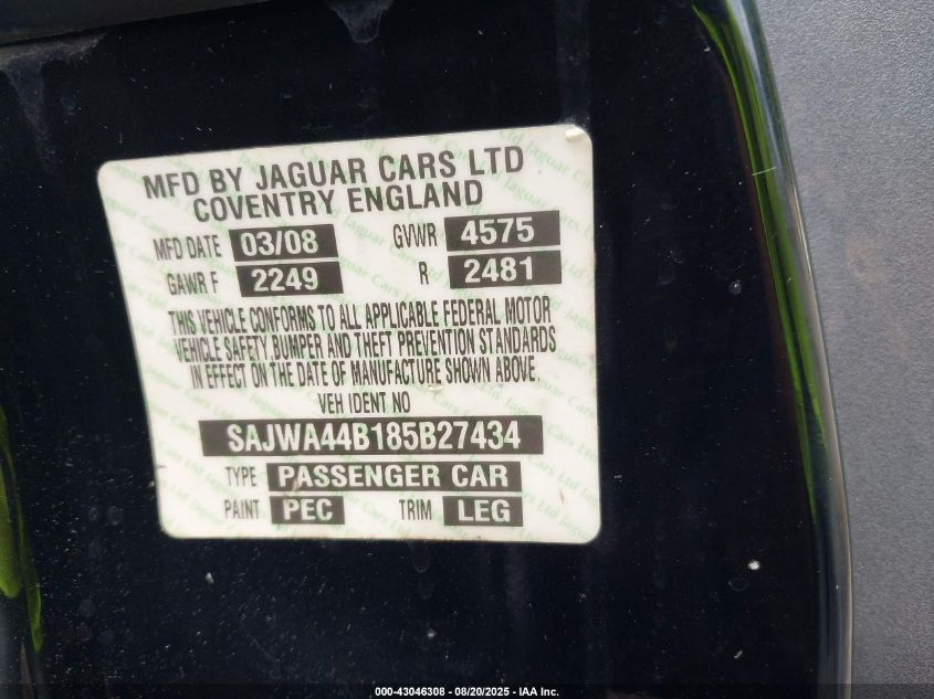 2008 Jaguar Xk VIN: SAJWA44B185B27434 Lot: 43046308