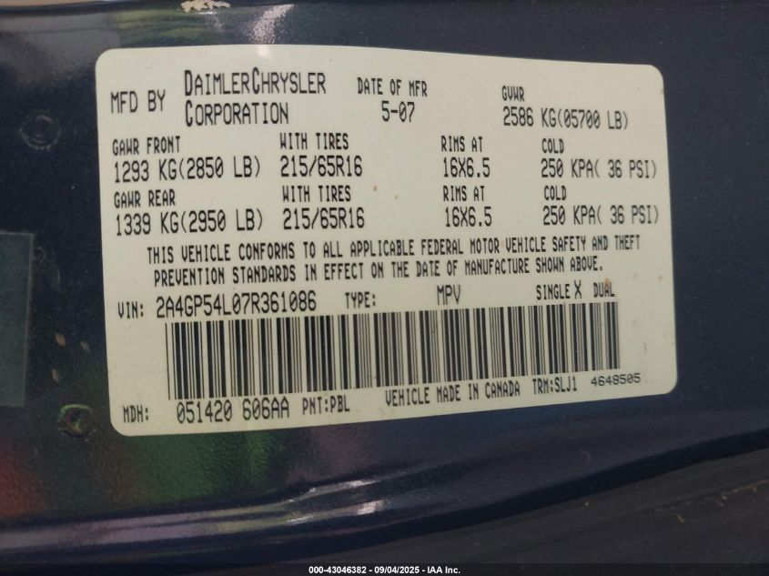 2007 Chrysler Town & Country Touring VIN: 2A4GP54L07R361086 Lot: 43046382