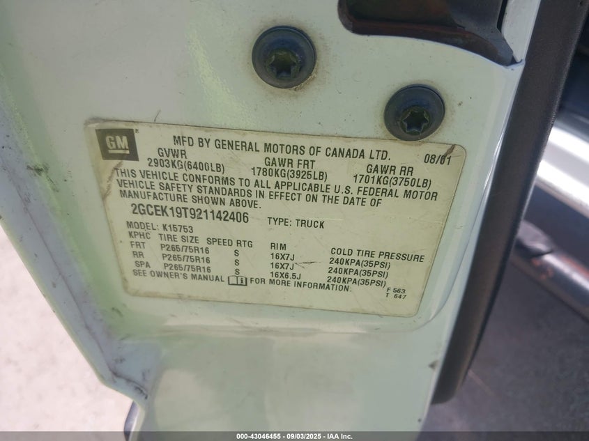 2002 Chevrolet Silverado 1500 Ls VIN: 2GCEK19T921142406 Lot: 43046455