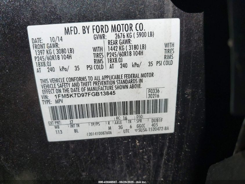 2015 Ford Explorer Xlt VIN: 1FM5K7D97FGB13845 Lot: 43046583