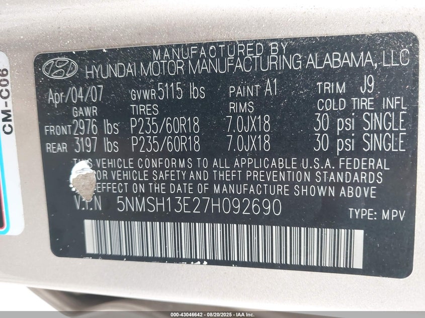 2007 Hyundai Santa Fe Limited/Se VIN: 5NMSH13E27H092690 Lot: 43046642