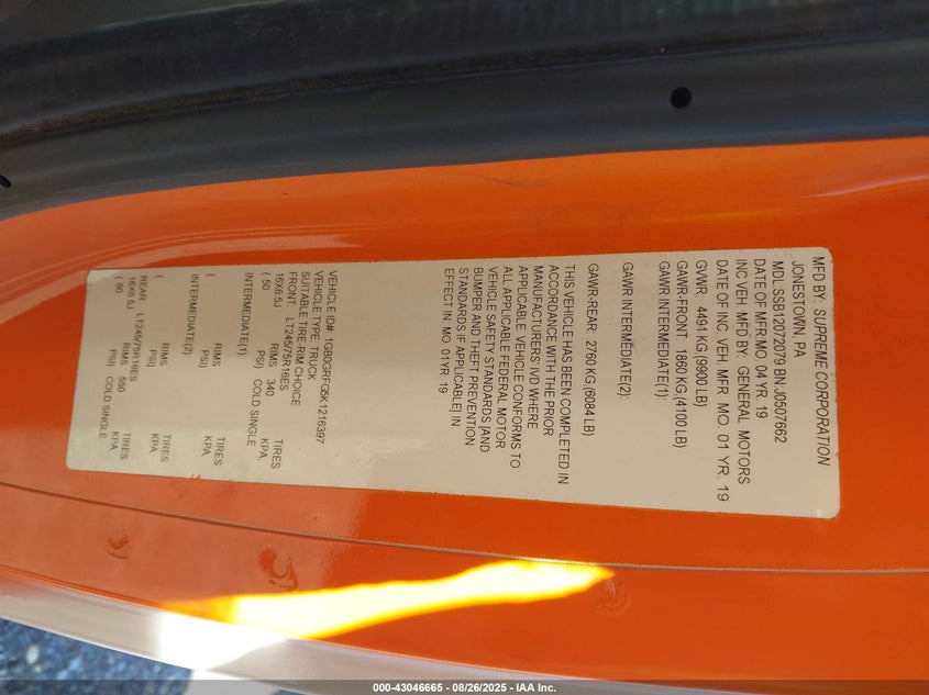 2019 Chevrolet Express Cutaway Work Van VIN: 1GB0GRFG5K1216397 Lot: 43046665