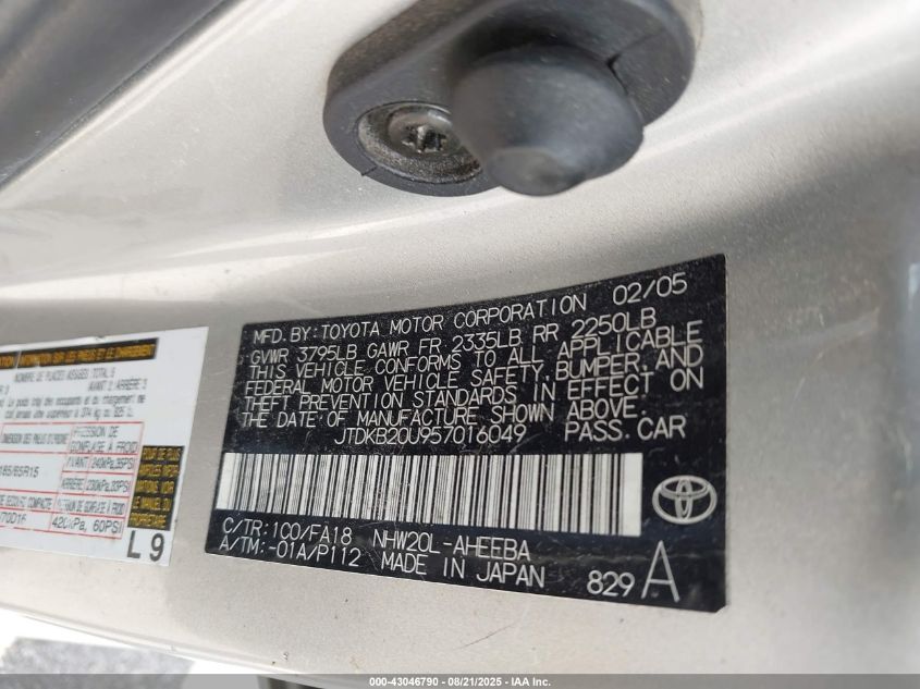 2005 Toyota Prius VIN: JTDKB20U957016049 Lot: 43046790