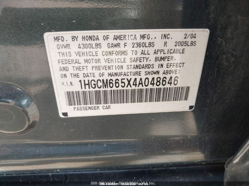 2004 Honda Accord 3.0 Ex VIN: 1HGCM665X4A048646 Lot: 43046861