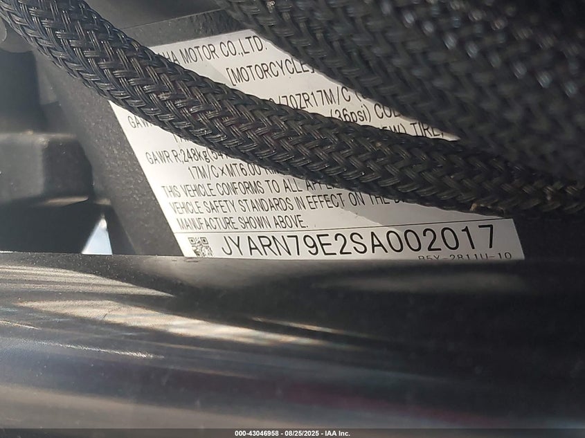 2025 Yamaha Mtn1000 VIN: JYARN79E2SA002017 Lot: 43046958