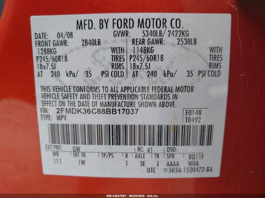 2008 Ford Edge Se VIN: 2FMDK36C88BB17037 Lot: 43047097
