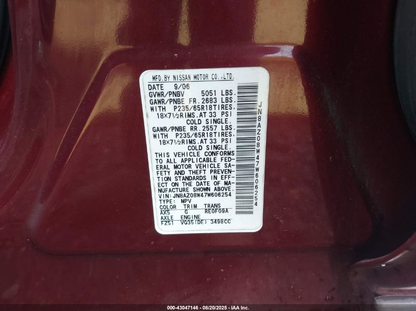 2007 Nissan Murano Sl VIN: JN8AZ08W47W606254 Lot: 43047146