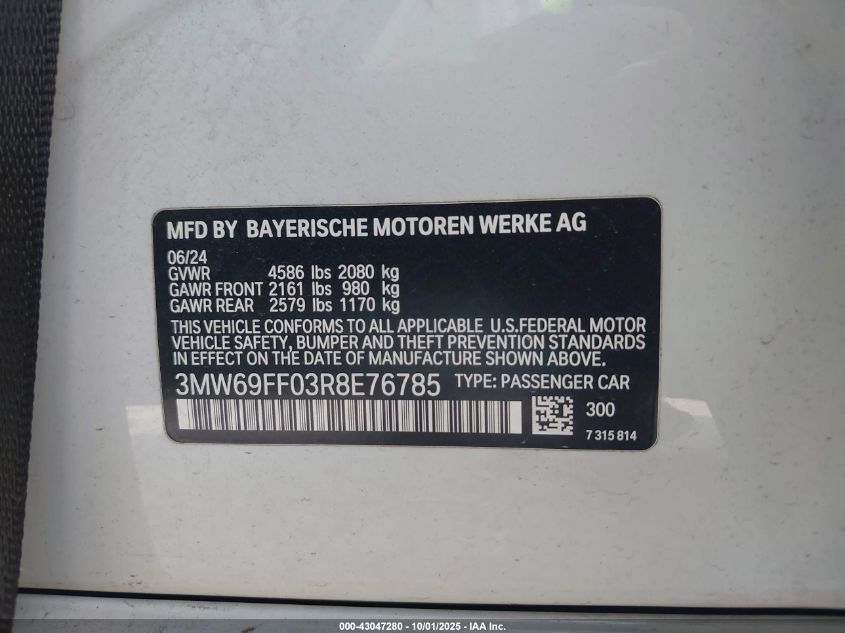 2024 BMW 3 Series 330I VIN: 3MW69FF03R8E76785 Lot: 43047280