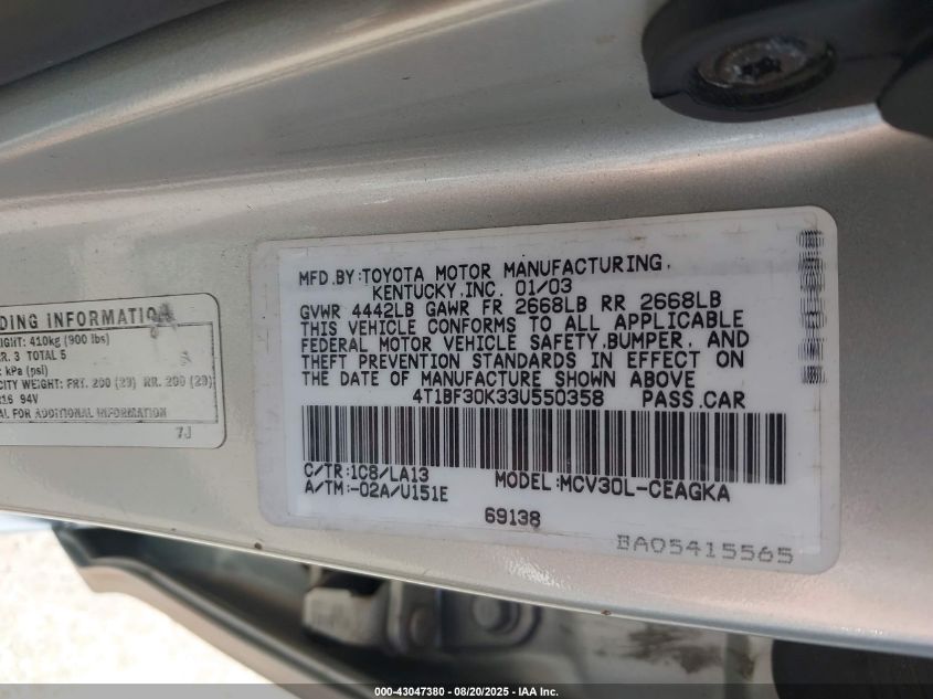 2003 Toyota Camry Xle V6 VIN: 4T1BF30K33U550358 Lot: 43047380