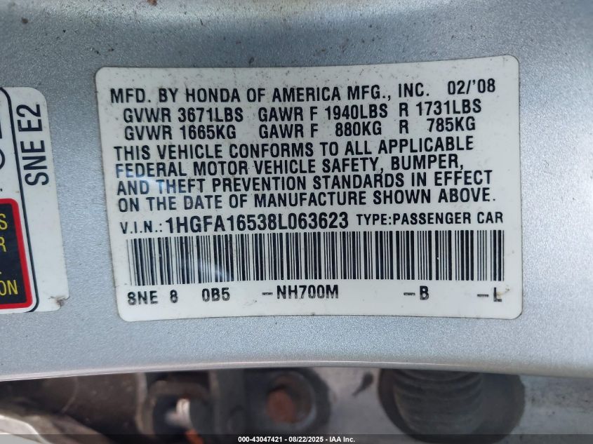2008 Honda Civic Lx VIN: 1HGFA16538L063623 Lot: 43047421