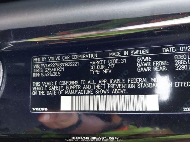 2022 Volvo Xc90 T6 Momentum 7 Passenger VIN: YV4A22PK6N1829221 Lot: 43047516