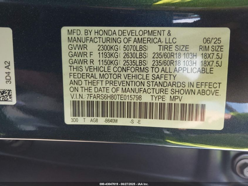 2026 Honda Cr-V Hybrid Awd Sport-L VIN: 7FARS6H80TE015798 Lot: 43047619