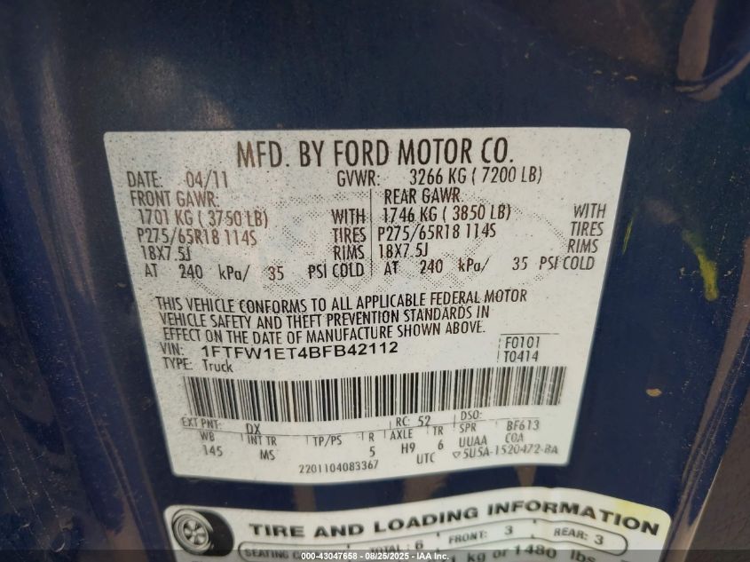 2011 Ford F-150 Xlt VIN: 1FTFW1ET4BFB42112 Lot: 43047658