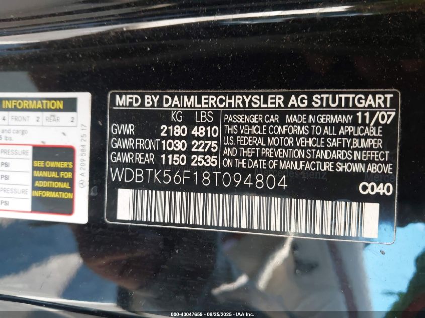2008 Mercedes-Benz Clk 350 VIN: WDBTK56F18T094804 Lot: 43047659
