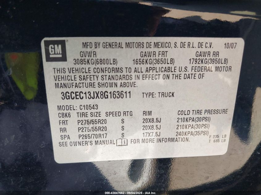 2008 Chevrolet Silverado 1500 Lt2 VIN: 3GCEC13JX8G163611 Lot: 43047662