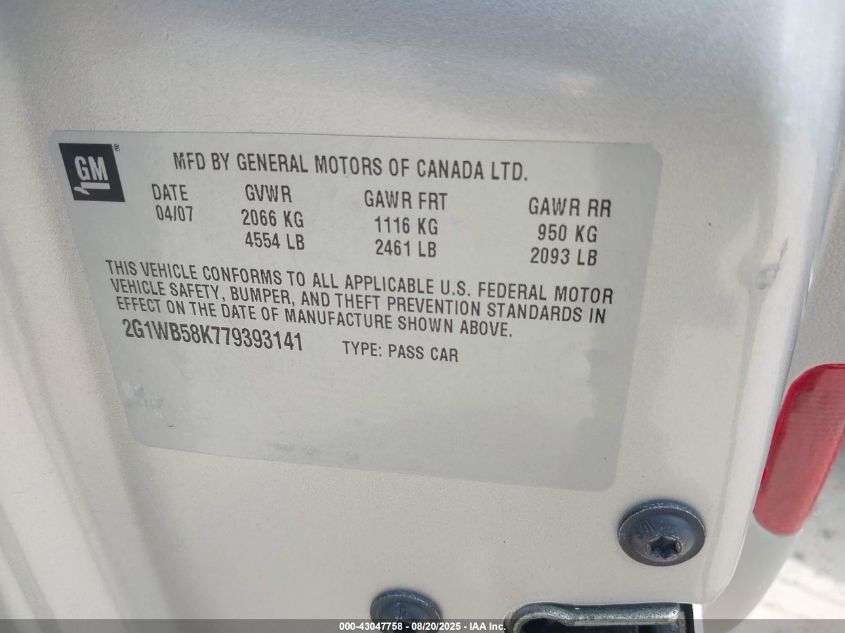 2007 Chevrolet Impala Ls VIN: 2G1WB58K779393141 Lot: 43047758