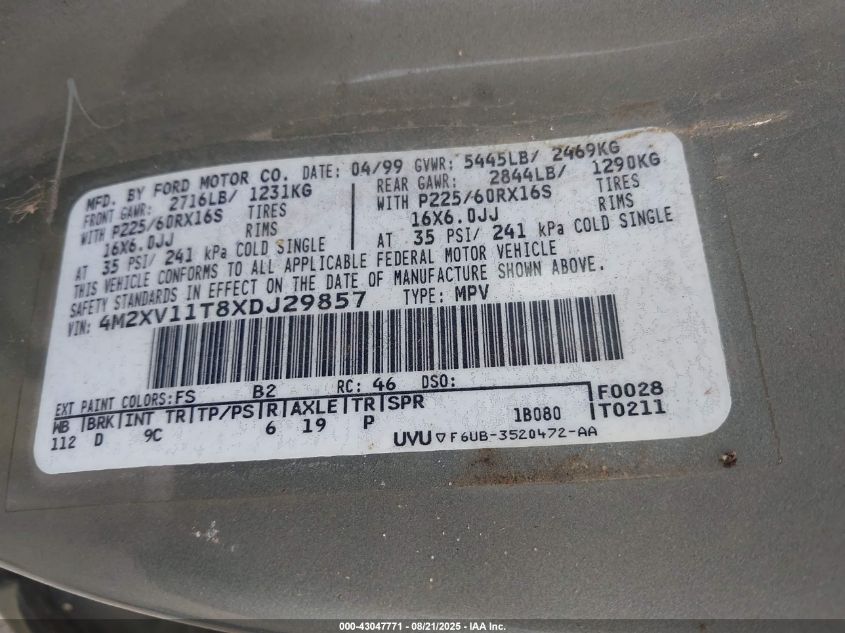 1999 Mercury Villager Estate/Sport VIN: 4M2XV11T8XDJ29857 Lot: 43047771