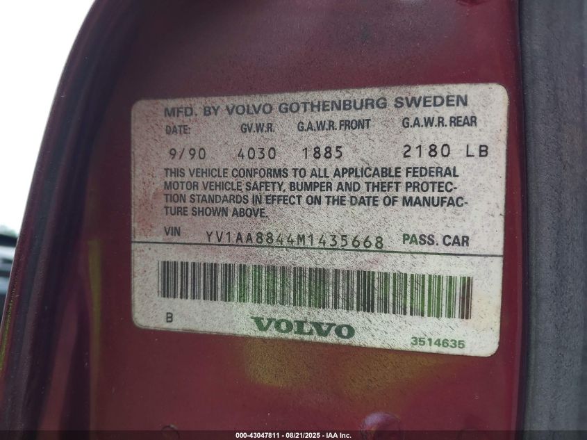 1991 Volvo 240 VIN: YV1AA8844M1435668 Lot: 43047811