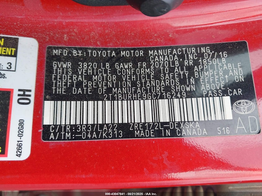 2016 Toyota Corolla S Premium VIN: 2T1BURHE9GC716249 Lot: 43047841