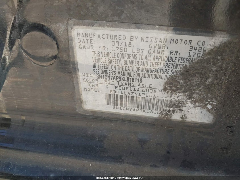 2019 Nissan Versa 1.6 S+ VIN: 3N1CN7AP9KL816118 Lot: 43047905