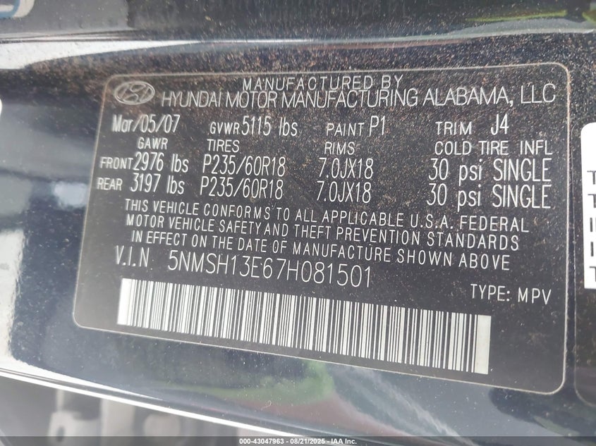2007 Hyundai Santa Fe Limited/Se VIN: 5NMSH13E67H081501 Lot: 43047963