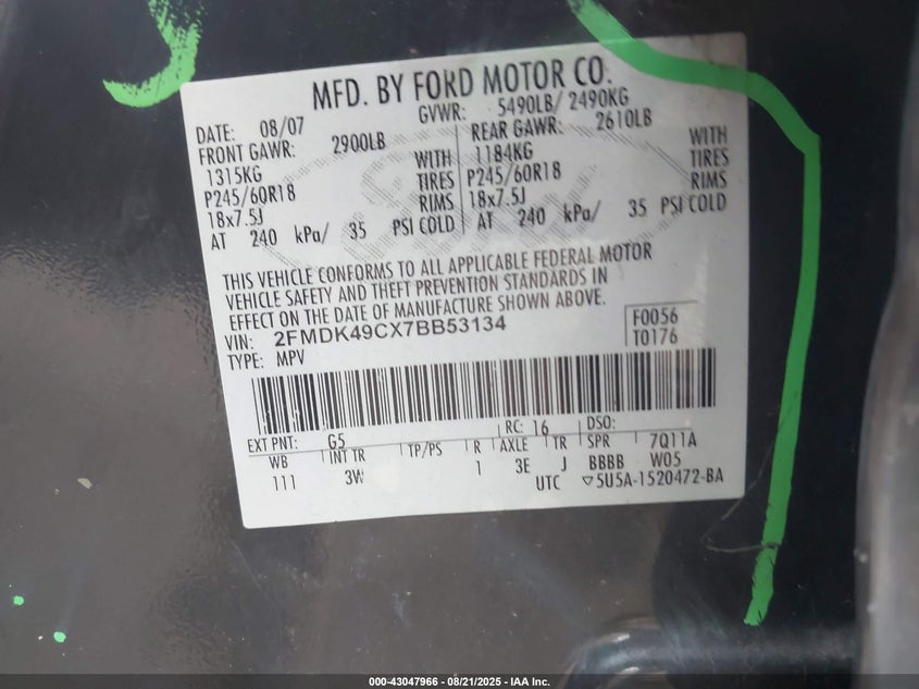 2007 Ford Edge Sel Plus VIN: 2FMDK49CX7BB53134 Lot: 43047966