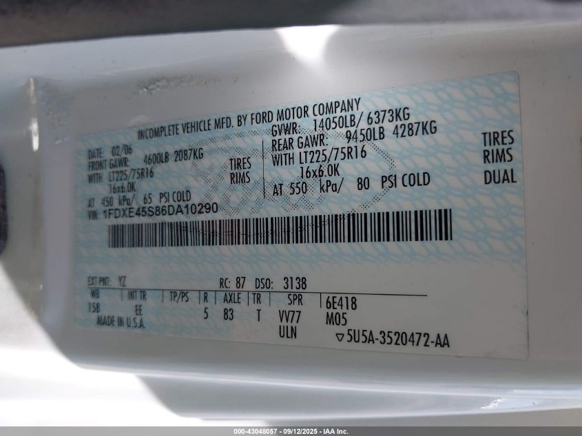 2006 Ford E-450 Cutaway VIN: 1FDXE45S86DA10290 Lot: 43048057