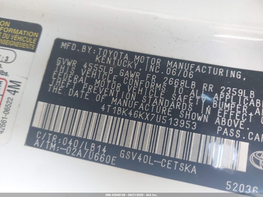 2007 Toyota Camry Se V6 VIN: 4T1BK46KX7U513953 Lot: 43048148