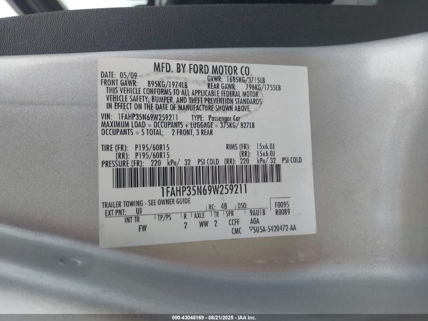 2009 Ford Focus Se VIN: 1FAHP35N69W259211 Lot: 43048169