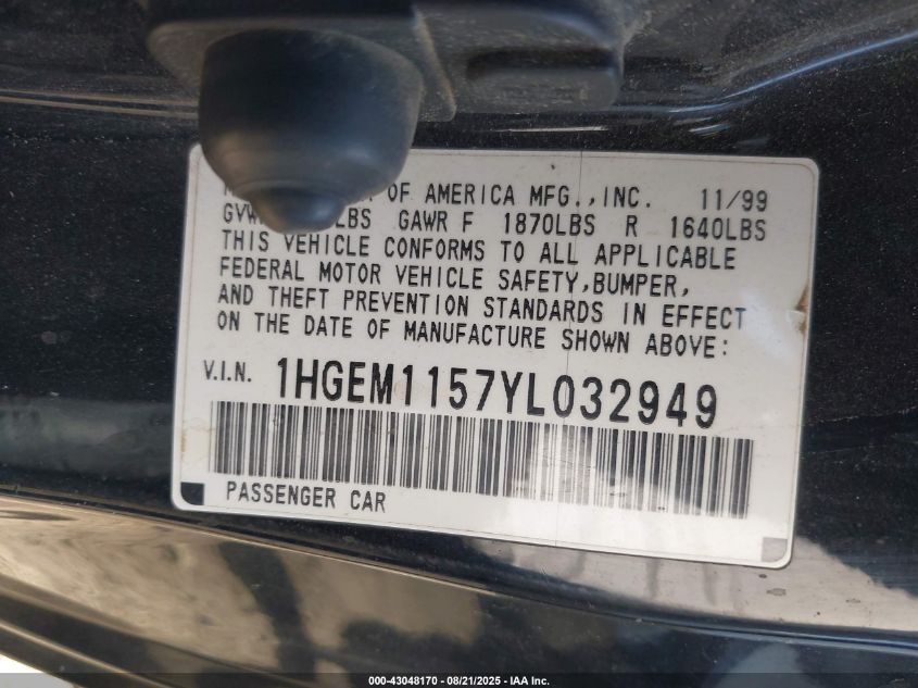 2000 Honda Civic Si VIN: 1HGEM1157YL032949 Lot: 43048170