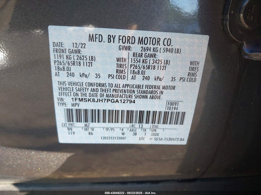 2023 Ford Explorer 2.3 Timberline Grey Lot 111043048222 Vin 1FMSK8JH7PGA12794