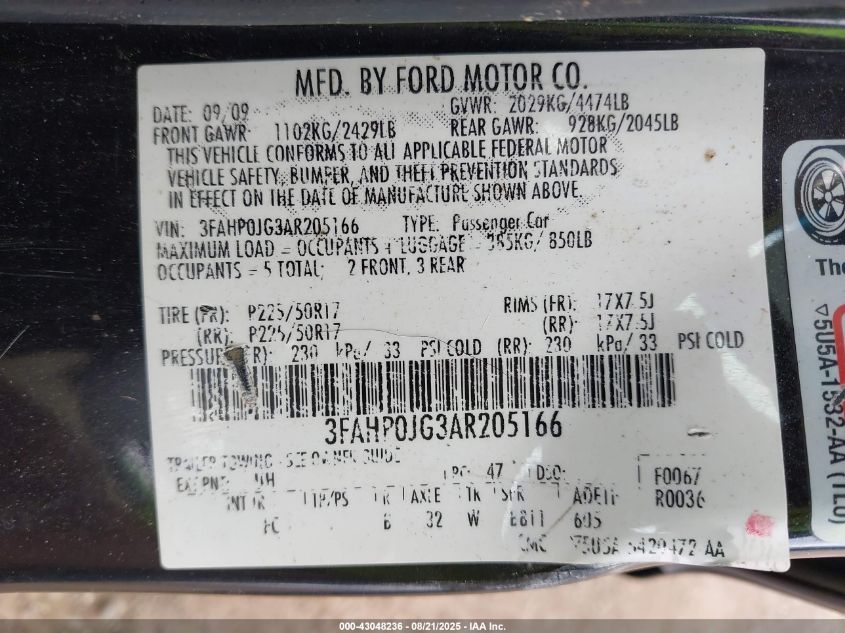 2010 Ford Fusion Sel VIN: 3FAHP0JG3AR205166 Lot: 43048236