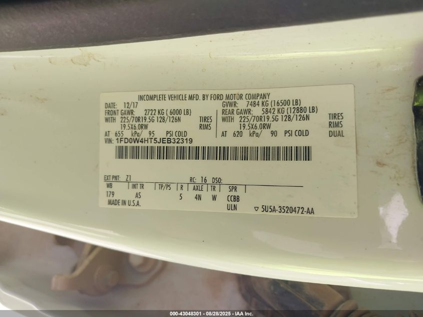 2018 Ford F-450 Chassis Xl VIN: 1FD0W4HT5JEB32319 Lot: 43048301