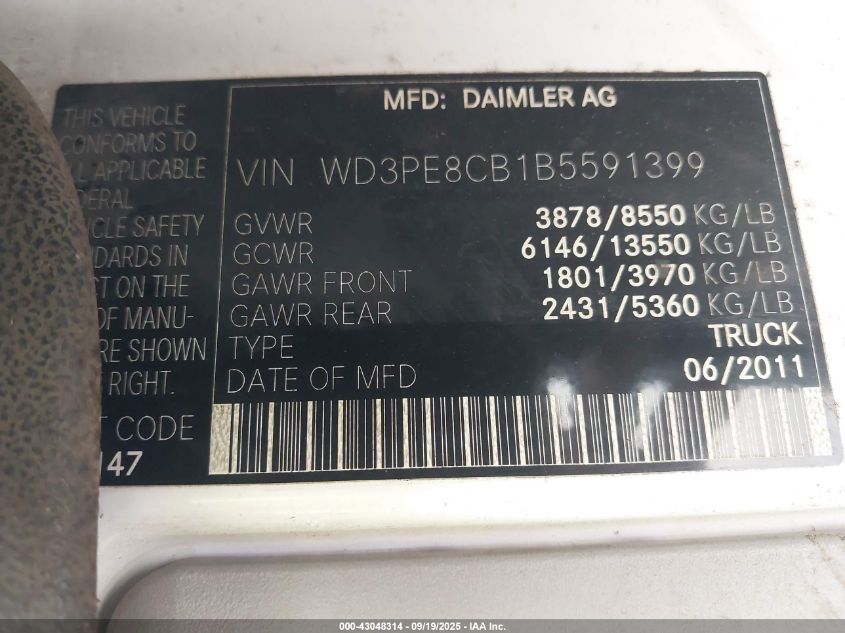 2011 Mercedes-Benz Sprinter 2500 High Roof VIN: WD3PE8CB1B5591399 Lot: 43048314