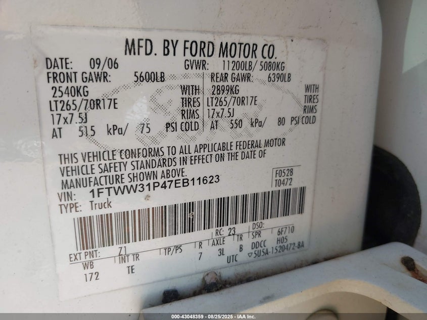 2007 Ford F-350 Lariat/Xl/Xlt VIN: 1FTWW31P47EB11623 Lot: 43048359