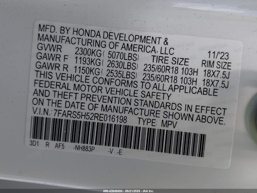 2024 Honda Cr-V Hybrid Sport VIN: 7FARS5H52RE016198 Lot: 43048454
