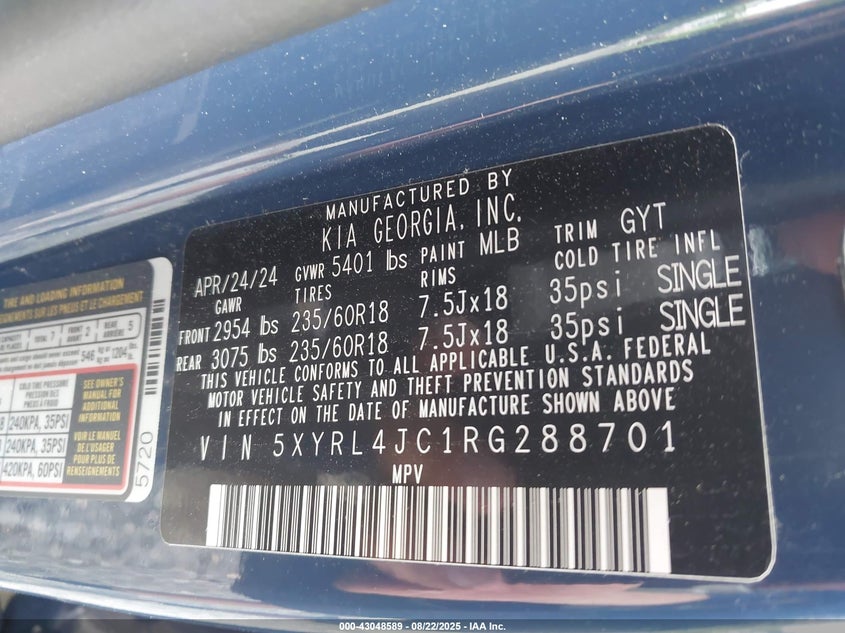 2024 Kia Sorento S VIN: 5XYRL4JC1RG288701 Lot: 43048589