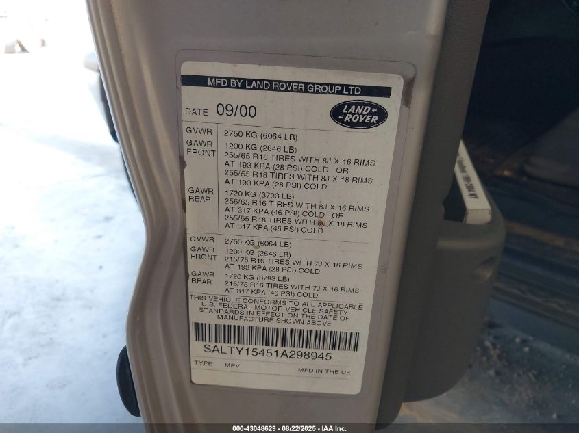 2001 Land Rover Discovery Series Ii VIN: SALTY15451A298955 Lot: 43048629