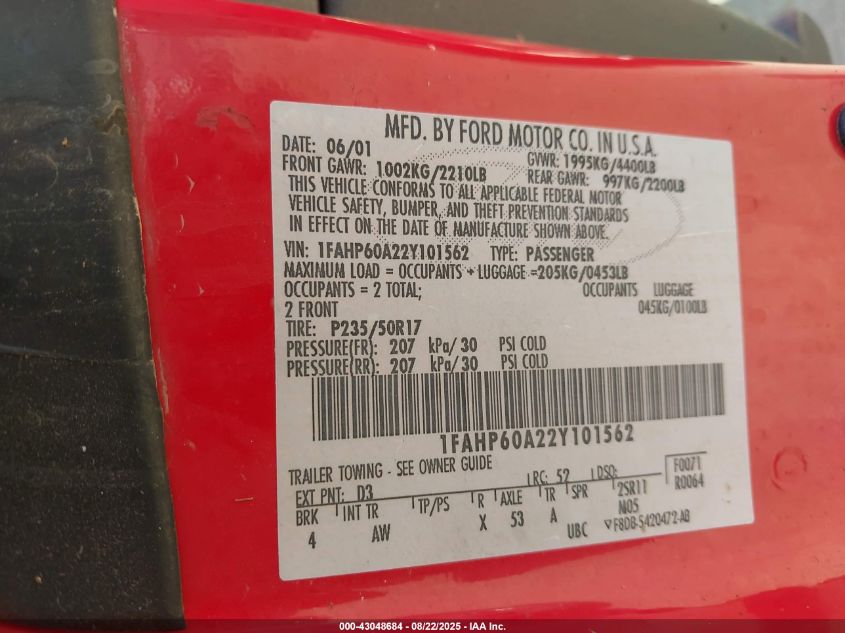 2002 Ford Thunderbird VIN: 1FAHP60A22Y101562 Lot: 43048684