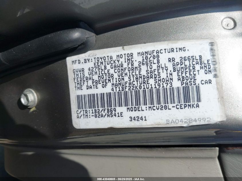 2001 Toyota Camry Le V6 VIN: 4T1BF22K01U119173 Lot: 43048685