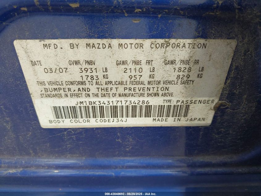 2007 Mazda Mazda3 S Touring VIN: JM1BK343171734286 Lot: 43048693