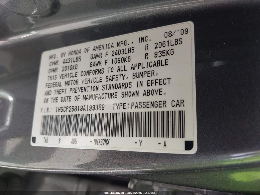2009 Honda Accord 2.4 Ex-L VIN: 1HGCP26819A199389 Lot: 43048758