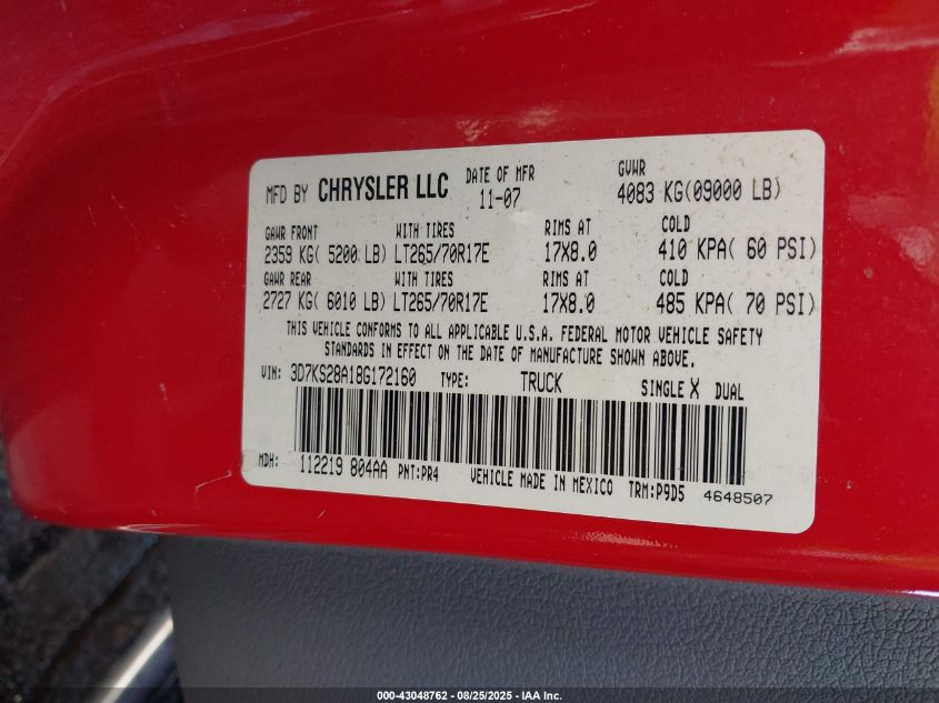 2008 Dodge Ram 2500 Slt/Power Wagon VIN: 3D7KS28A18G172160 Lot: 43048762